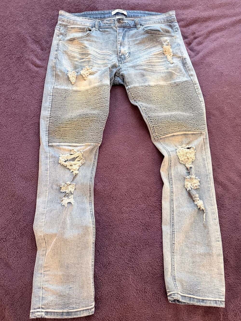 Fashion Nova Men Light Blue Ripped Biker Jeans Size 36